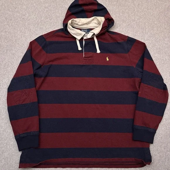 VTG Polo Ralph Lauren Rugby Hoodie Mens XL Red Blue Striped Collared Distressed - Picture 1 of 11